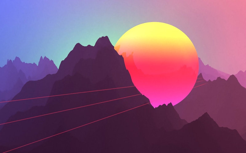 abstract, idyllic, mountain, no people, yellow, balloon, environment, outdoors, mountain range, rock - object,  retrowave, landscape, tranquil scene, 2K
