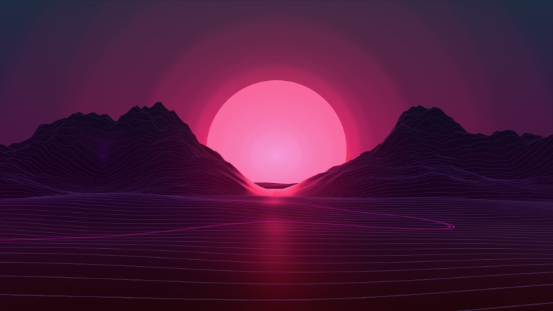 retrowave, sunrise, purple, abstract, sunset, purple background, mountains, 5K, pink