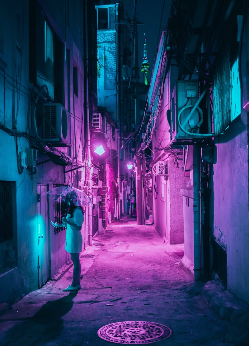 cable, built Structure, 5K, spooky, narrow, neon, night, cityscape, standing, outside, city Life, pink, sidewalk, indoors, woman, illuminated, alley, person