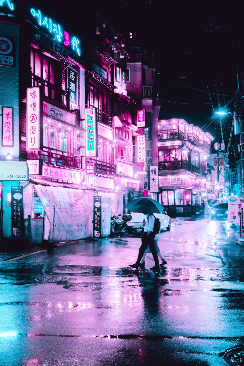 real people, building exterior, experimental, road, umbrella, illuminated, rainy season, city life, pink and blue, seoul, street, love, night, gray, built structure