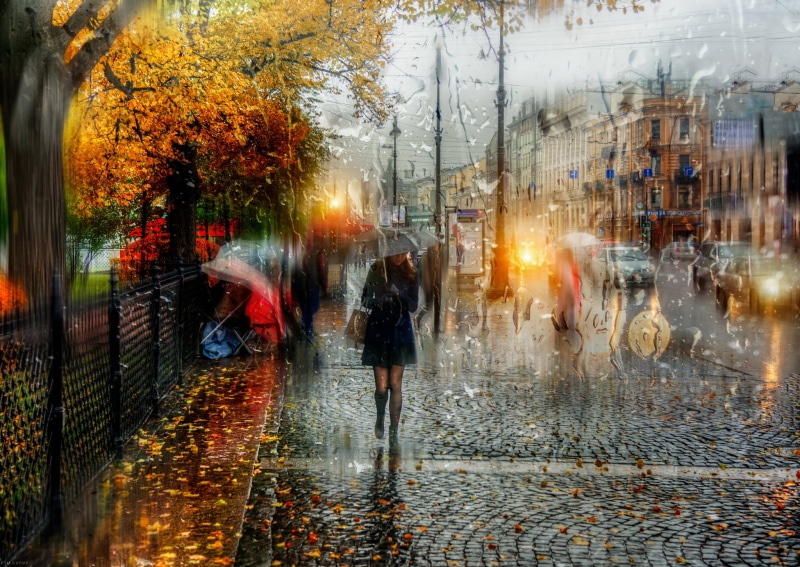 europe, weather, wet, rain, shopping, motion, architecture, plant, defocused, crowd, women, tourist, drops, 1080P, city, Saint Petersburg, reflection