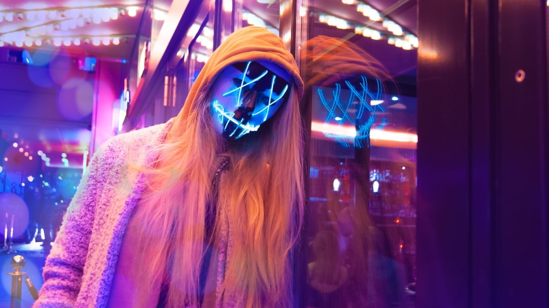 light trail, wearing, neon, retail, girl, reflection, abstract, celebration, incidental people, adult, woman, person, skull, 4K, illuminated, blue, looking