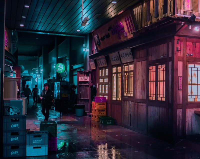 asian architecture, structure, architecture, refleciton, walk, japan, outdoors, standing, store, pink, asian culture, building, dark, incidental people