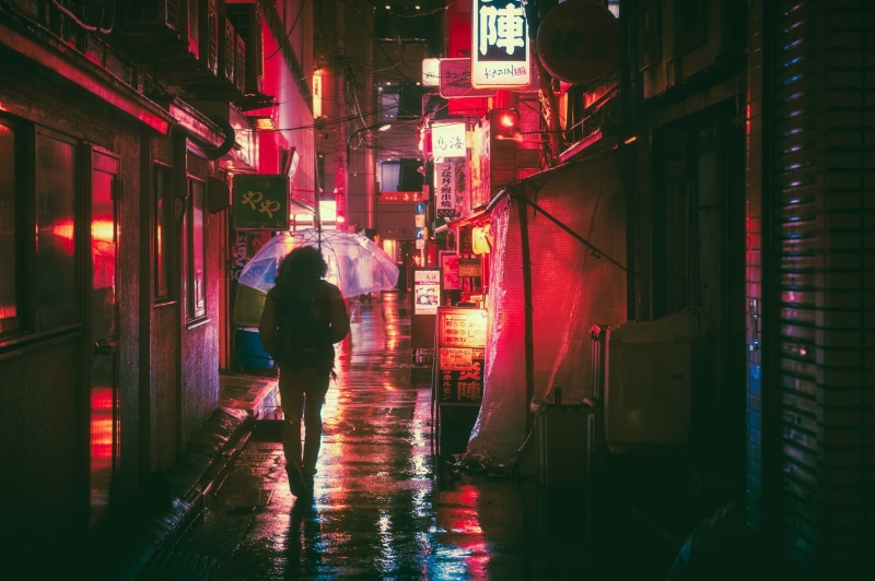 city, street food, culture, rear view, built structure, wall, 1080P, city Life, umbrella, japan, one person, lifestyles, man, illuminated, glow, night