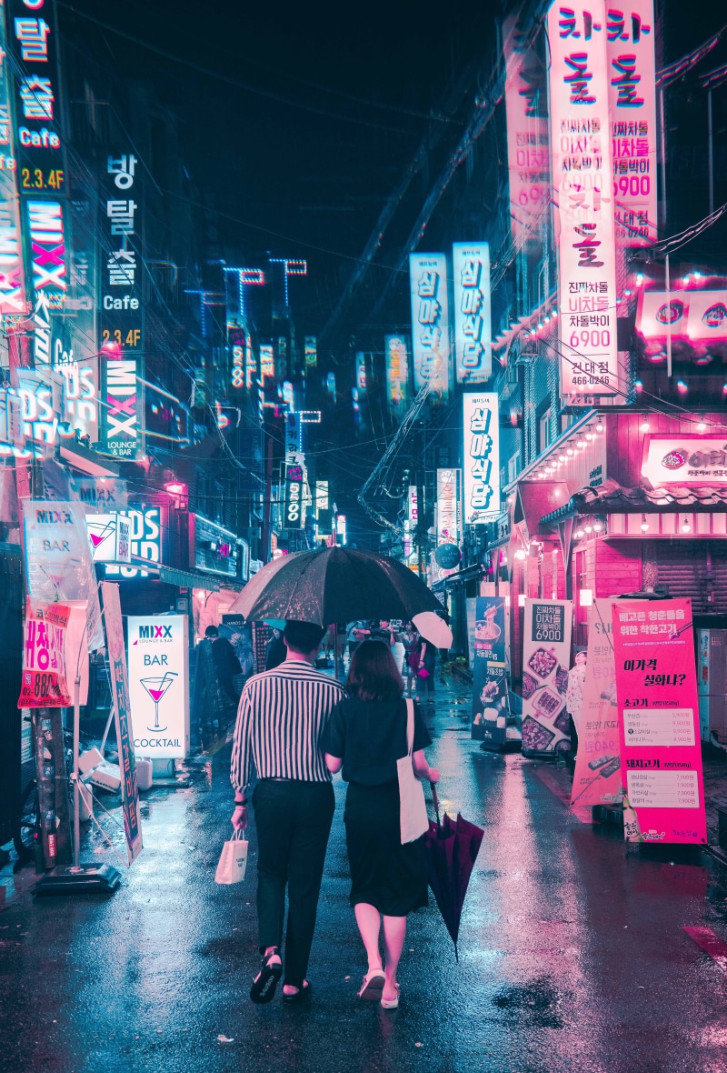 man, city, vitylight, people, woman, umbrella, store, rainy season, holding, cityscape, night, building exterior, rain, real people, alley, candid, adult