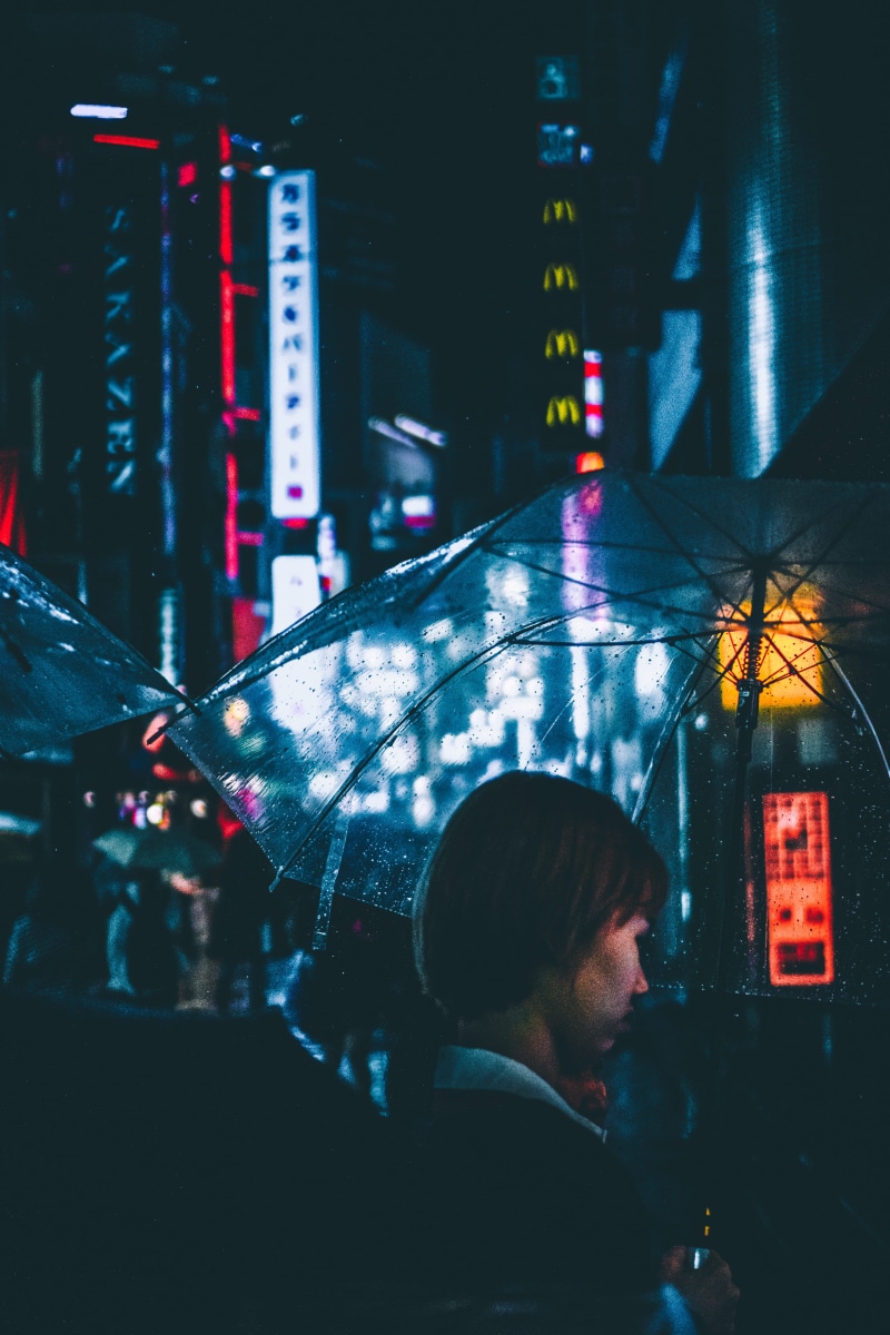 leisure activity, real people, holding, tokyo, architecture, moody, one person, 4K, outdoors, shibuya, rain, urban, woman, building exterior, protection