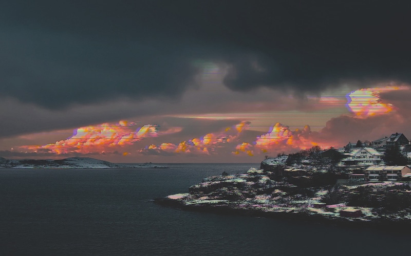 snow, nature, scenics - nature, beauty in nature, water, vaporwave, land, horizon, orange color, idyllic, sunset, island, horizon over water, tranquil scene
