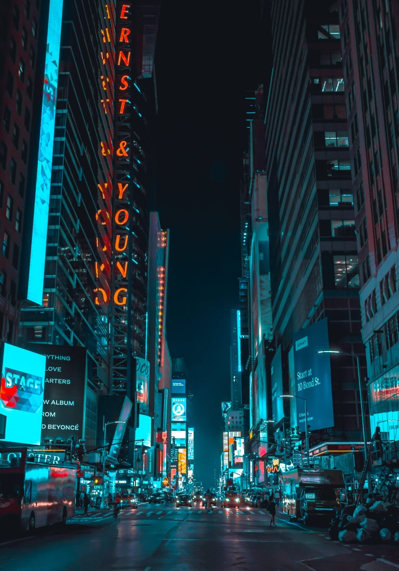 traffic, travel Destinations, modern, business, times square, famous Place, night photo, nighttime, cyberpunkvibe, teal and orange, urban Skyline, city