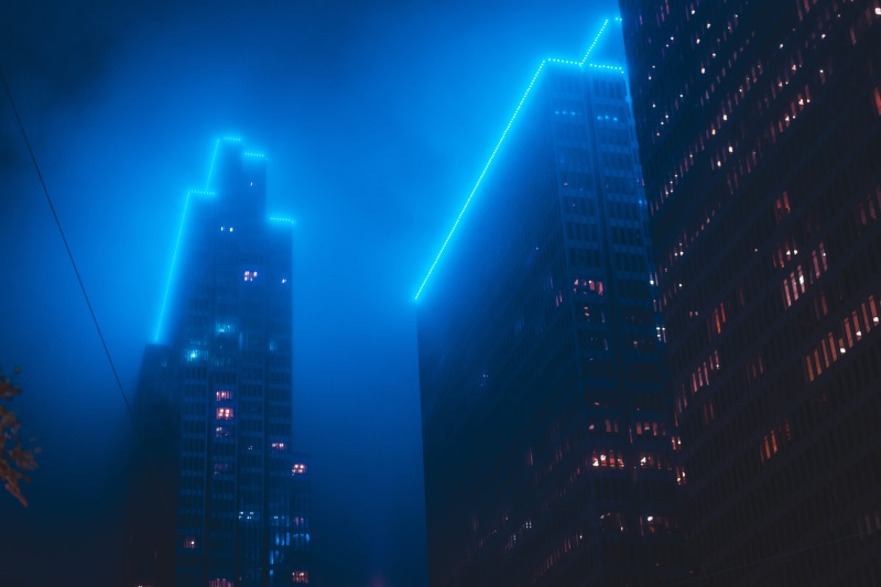modern design, dusk, high, finance, urban Scene, outdoors, night, blue, neon, asia, hong Kong, tower, top, city, skyscraper, building Exterior, tall - High