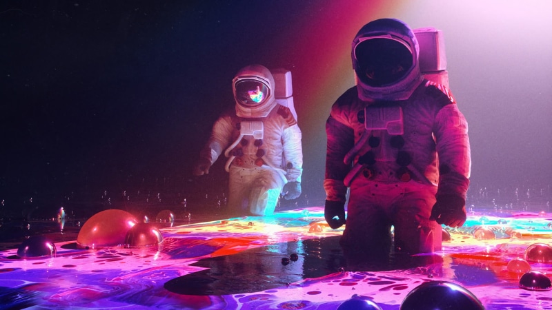 1080P, Retrowave, lights, bubble, 1980s, reflection, 90s, dark, astronaut, vaporwave, liquid, artwork