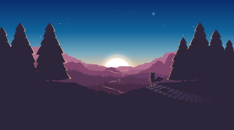 Travel, Sunrise, digitalart, Aero, Fox, flatdesign, Illustration, Adventure, flat, Minimalism, Purple, design, 4K, Vector Art, Horizon, Artwork, Forest