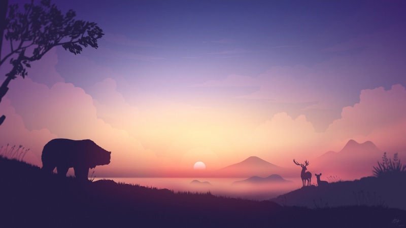 animals In The Wild, dawn, 8K, silhouette, black Color, domestic, tree, mountain Peak, scenics, animal themes, mountain, back Lit, cloud - sky, forest