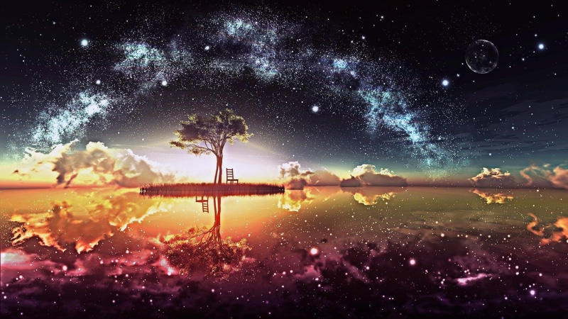 sky, nebula, astronomy, fantasy art, vector, reflection, night, tree, no people, space and astronomy, painting, outdoors, trees, illuminated, chair, clouds