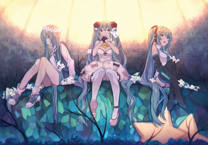 three, twintails, art and craft, female, Vocaloid, Hatsune Miku, outdoors, vector, thigh-highs, teenage Girls, female likeness, spooky, human representation