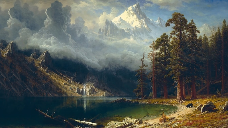 animals, hiking, valley, fog, sunset, painting, pine tree, snowy peak, trees, famous Place, clouds, 1080P, dead trees, classical art, artwork, body, coniferous tree