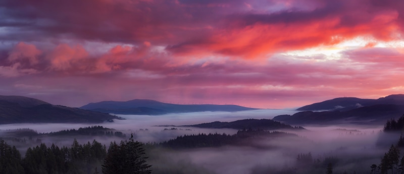 National Park, scenics, Scotland, sunset, Trossachs, forest, cloud - Sky, Landscape, mountain Peak, fog, 8K, outdoors, Foggy, morning, beauty In Nature
