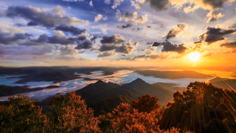 tranquility, outdoors, tranquil scene, orange color, scenics - nature, mountains, landscape, beauty in nature, forest, tree, cloud - sky, nature, sunset