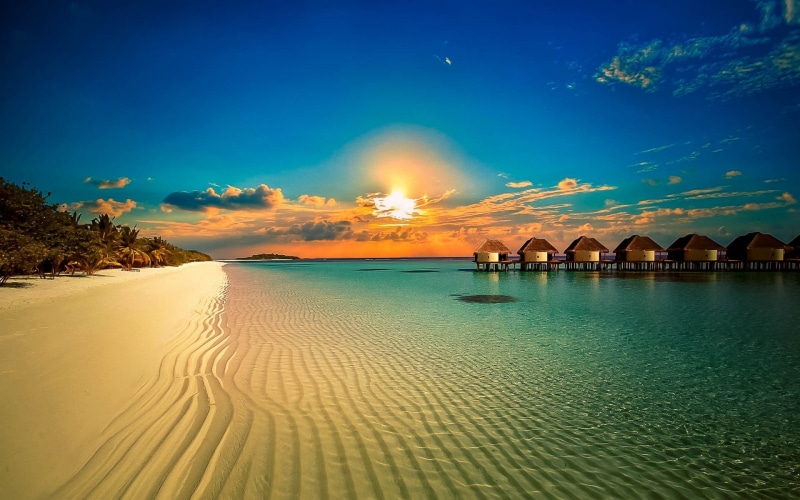 resort, landscape, clouds, summer, outdoors, palm trees, sunset, tranquility, idyllic, built structure, beauty in nature, reflection, waterfront, white