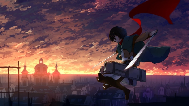 no people, travel, Shingeki no Kyojin, built structure, 1080P, building, architecture, sky, anime girls, sunset, titan, outdoors, orange color, Mikasa Ackerman