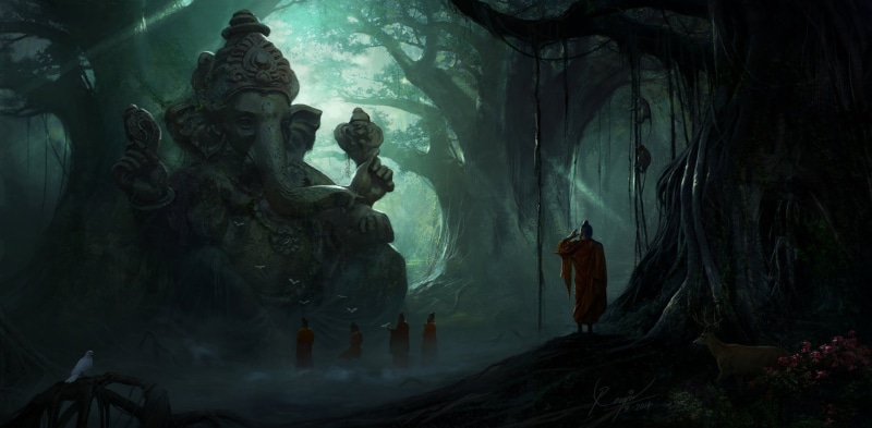 history, representation, Ganesha, people, male likeness, plant, architecture, monks, religion, plants, belief, female likeness, birds, spirituality, standing