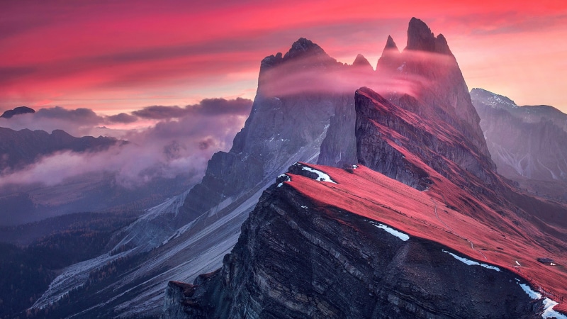 atmosphere, peak, summit, national park, mountain, italy, puez-odle nature park, mountainous landforms, sunrise, cloud, unesco world heritage, europe, 4K