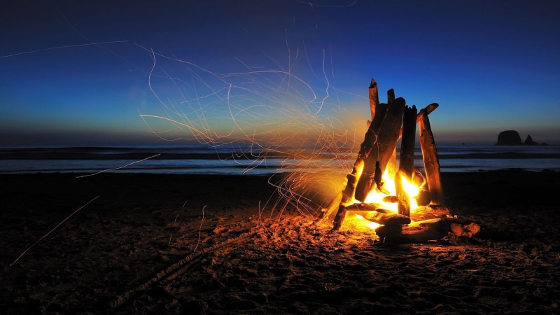 heat - temperature, golden, coast, dawn, vacation, night, camping, clouds, 1080P, sunrise, sky, reflection, water, fire - natural phenomenon, land, scenery