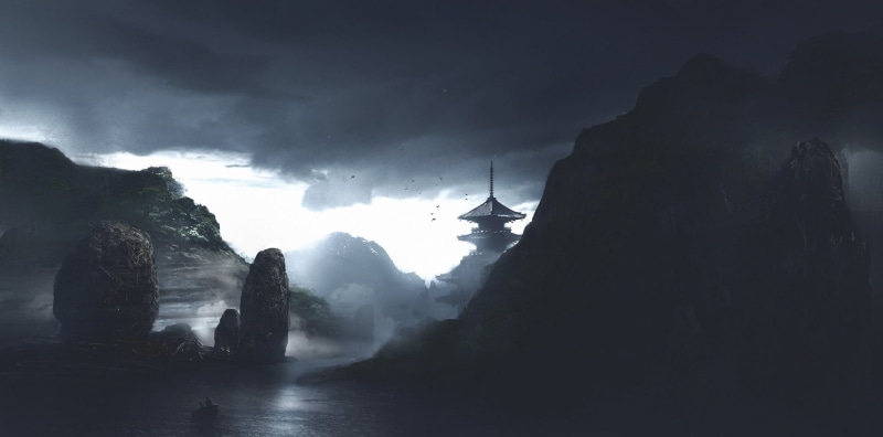 mountain, sky, nature, land, rock - object, Japan, no people, environment, tranquility, rock formation, pagoda, tranquil scene, dark, travel, outdoors