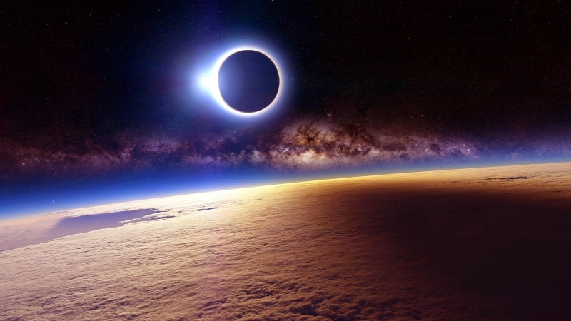 space, atmosphere, 4K, celestial event, eclipse, solar eclipse, planet, universe, phenomenon, sky, outer space, horizon, astronomical object, earth, milky way