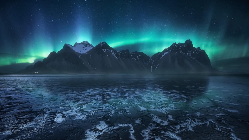 1080P, peaks, vestrahorn, darkness, eystrahorn, aurora borealis, iceland, phenomenon, arctic, atmosphere, brunnhorn, northern lights, water, night, sky