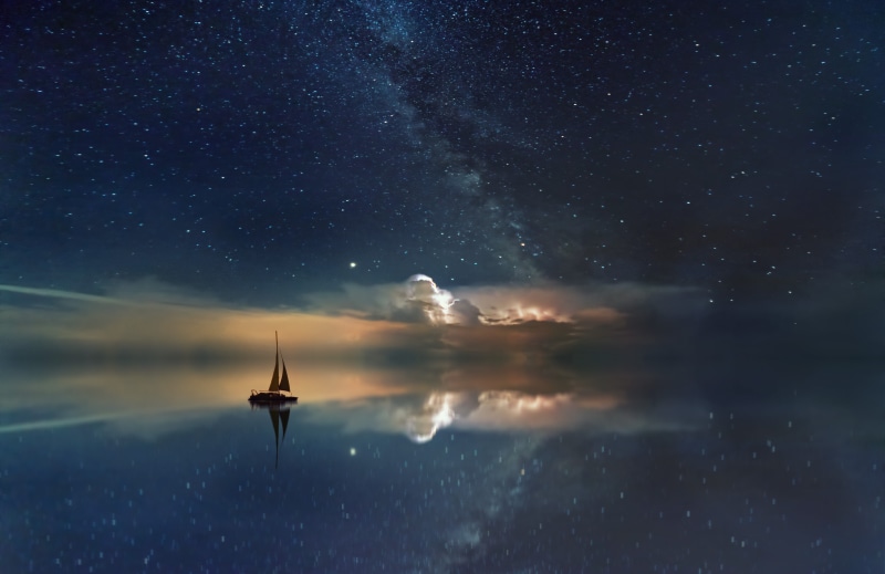 space and astronomy, boat, night, beauty in nature, blue, scenics - nature, idyllic, night mood, sky, composition, sea, tranquil scene, evening, star field