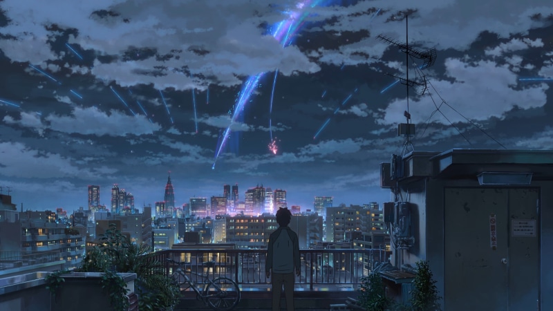 leisure activity, Kimi no Na Wa, urban Skyline, tower, one person, city, cloud - sky, rear view, building, downtown District, office building exterior