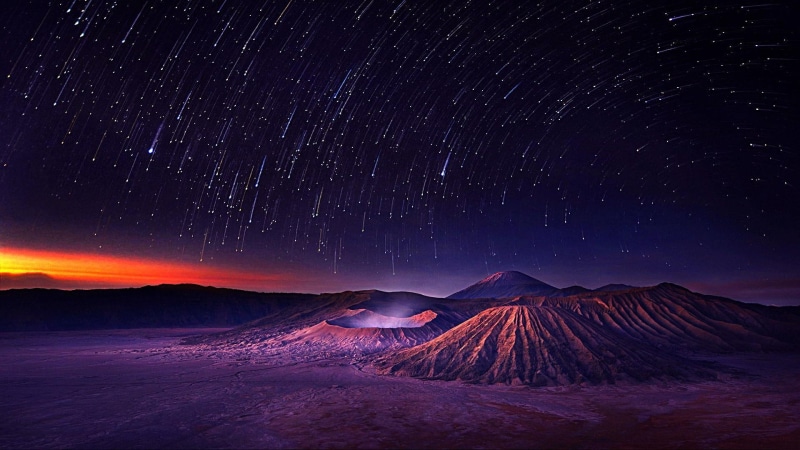horizon, darkness, sky, crater, starry, phenomenon, night sky, shooting star, night, earth, stars, falling star, star trails, 1080P, star, space, landscape
