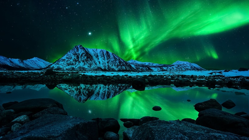 mountain, sky, arctic, starry night, 1080P, aurora polaris, night lights, tranquil scene, nature, tranquility, water, cold temperature, snowcapped mountain