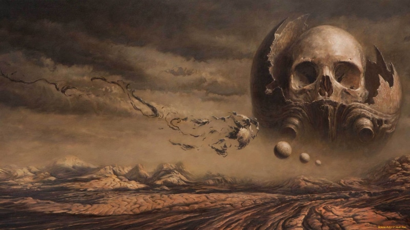 fantasy art, spooky, horror, human skeleton, the past, mystery, gray, digital composite, dark fantasy, nature, landscape, history, celebration
