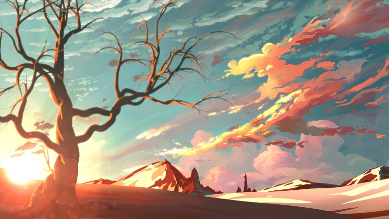 artwork, sunset, landscape, illustration, art, 4K, digital, digital art