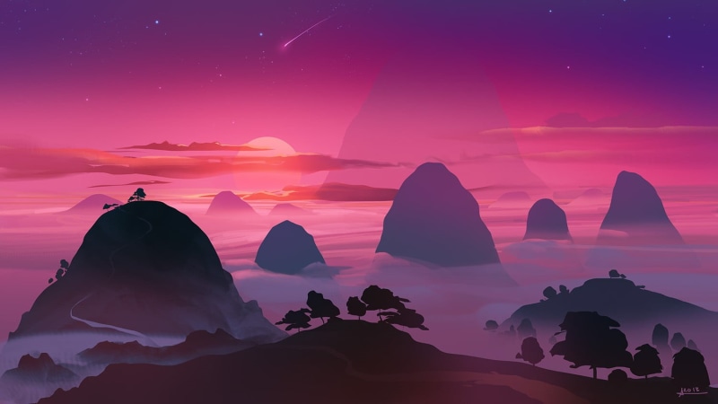 illustration, tranquility, rock - object, silhouette, sun, pink color, tranquil scene, sunset, nature, rock, astronomy, scenics - nature, land, mountains