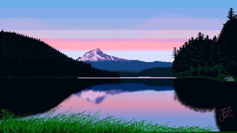 grass, landscape, clear sky, reflection, pixels, lake, snowy peak, pixelated, 1080P, mountains, Wavestormed, sunset, hill, pine trees, pixel art, forest