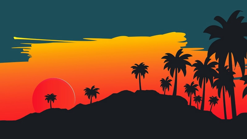 orange, art, sky, palms, landscape, minimal, 4K, tree, sunset, graphics, silhouette, illustration