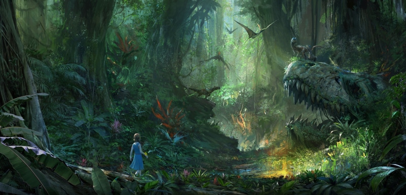 2K, girl, illustration, digital art, flowers, fantasy, plants, T-Rex, wood, sake, forest, Pterodactyls, flying, jungle, child, nature, trees, light, artwork
