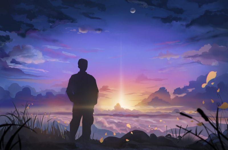 landscape, nature, sunlight, concept art, 5K, Sun, clouds, artwork, illustration, silhouette, skyscape, men, digital art, sky, sunset, horizon, Moon