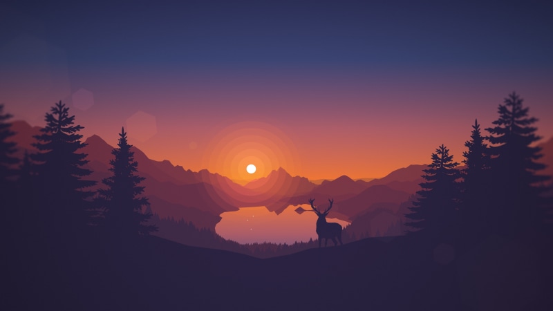artwork, drawing, lake, animals, vector, 4K, Clear Sky, sunset, digital art, Silhouette, Trees, nature, Deer, Pine Trees, Warm Colors, Firewatch, video games