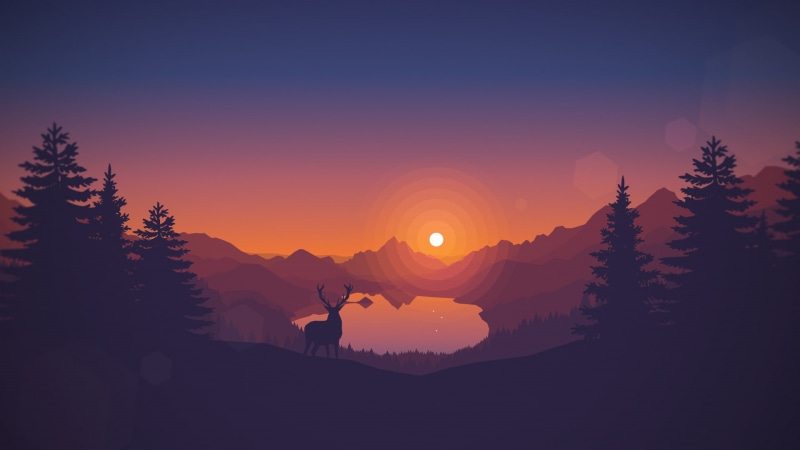 sunset, nature, Lago di Scanno, warm colors, deer, 1080P, landscape, digital art, clear sky, video games, artwork, silhouette, drawing, pine trees, Firewatch