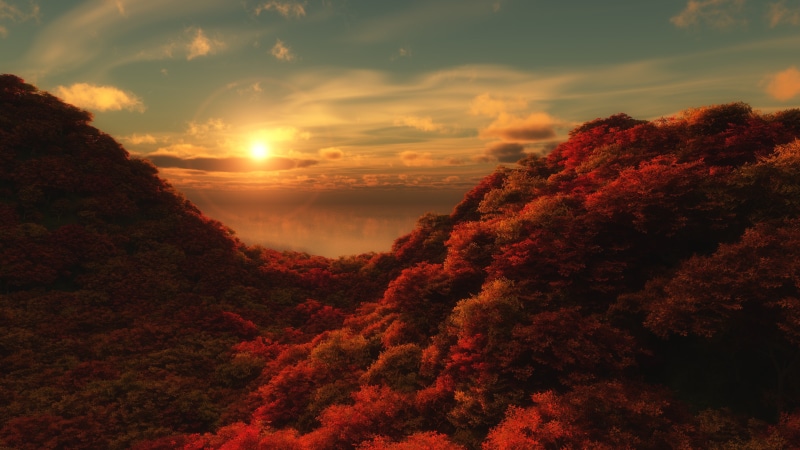 environment, backgrounds, outdoors, non-Urban Scene, sea, multi Colored, rural Scene, land, weather, nature, sunlight, mountain, season, water, red, trees