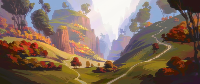 mountains, grass, artwork, digital, digital art, illustration, seasons, trees, nature, painting, drawing, landscape, digital painting, 5K, fall, environment