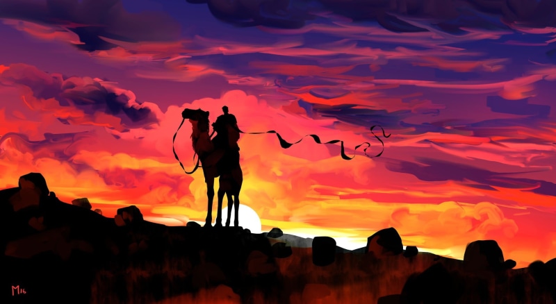 riding, women, men, low angle view, artwork, painting, sunset, scenics - nature, real people, illustration, nature, sky, silhouette, 1080P, people, lifestyles