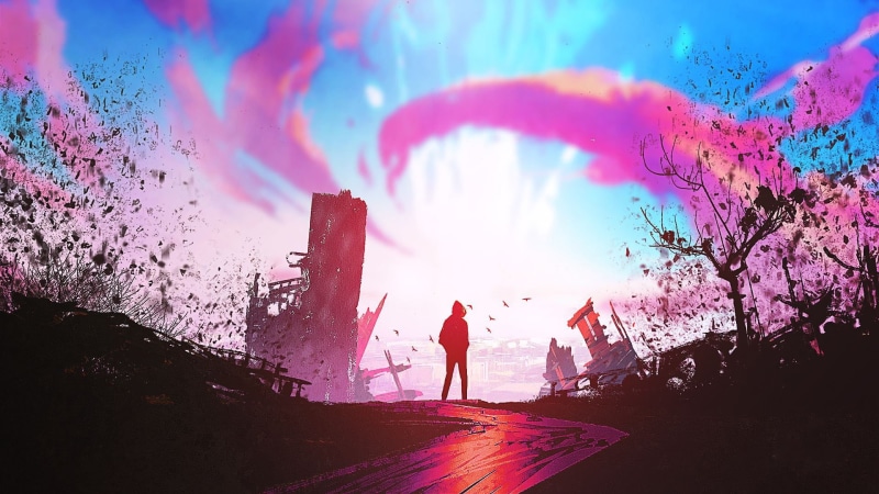 1080P, sky, multi colored, full length, sunset, lens flare, nature, architecture, person, silhouette, cloud - sky, walking, artwork, one person, road