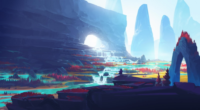 man, landscape, fantasy, artwork, illustration, river, nature, Mountains, 2K, digital art, fantasy landscape, fantasy art, waterfall, trees