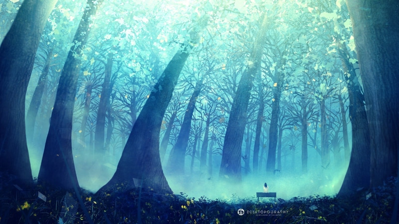 park - Man Made Space, blue, digital art, forest, trunk, beauty In Nature, tree trunk, sun, autumn, sunlight, alone, land, sunbeam, surrounded, plant, dark