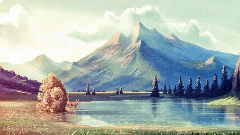 artwork, tranquility, waterfront, body, mountain peak, trees, water, beauty in nature, scenics - nature, travel, lake, deer, mountain range, plant, non-urban scene