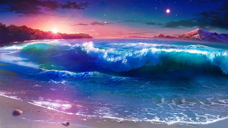 fantasy landscape, wind wave, ocean, fantasy art, starry night, sky, wave, water, night sky, night, 1080P, sea, horizon, nature, star